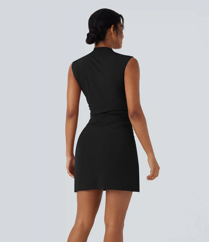 Mock-neck Sleeveless Ruched Crossover Hem Bodycon Mini Dress