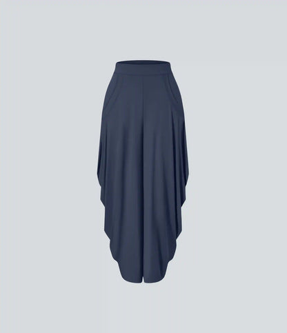 Mid Rise Pockets Draped Wide Leg Baggy Casual Pants