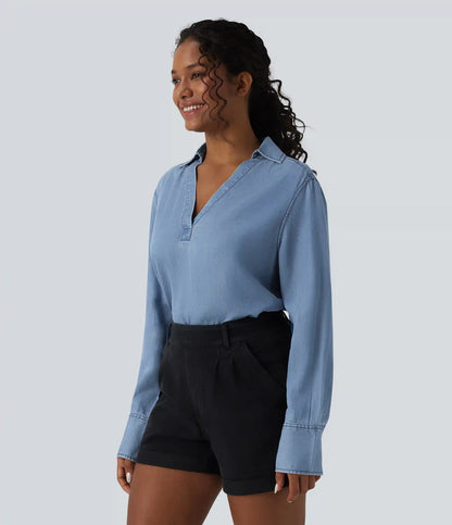 V Neck Long Sleeve Denim Casual Blouse
