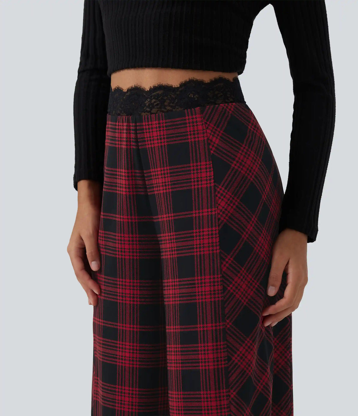 Halara UltraSculpt™ High Waisted Plaid Contrast Lace Baggy Casual Pants with Pockets