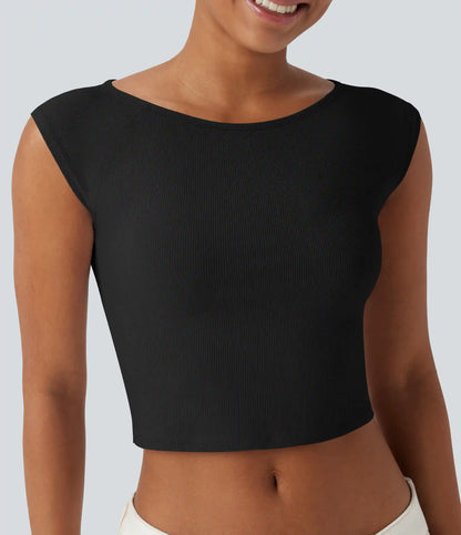 Ribbed Knit Boat Neck Short Sleeve Cropped Casual Top
