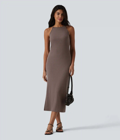 Ribbed Knit Round Neck Midi Casual Slip Dress