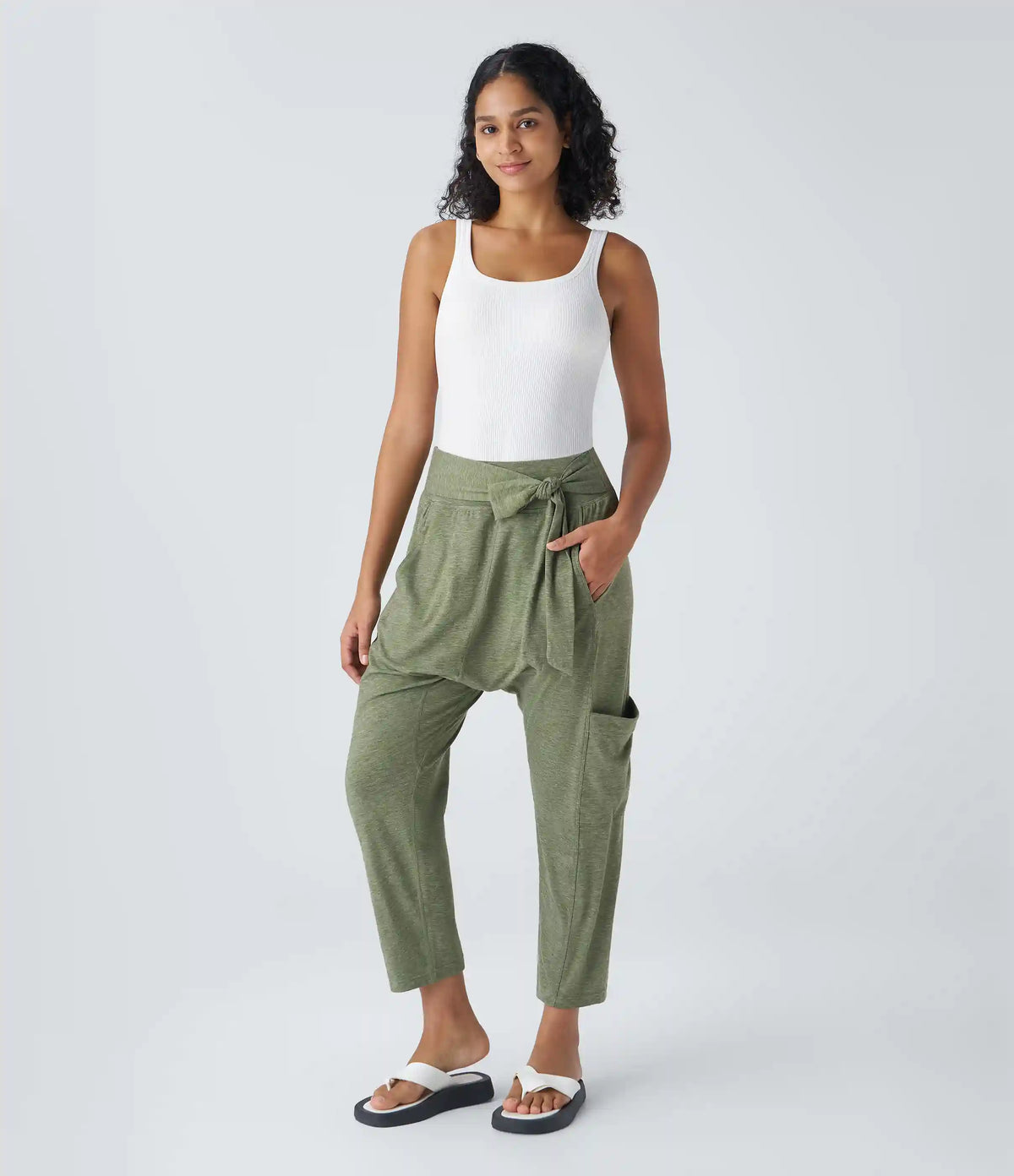 Mid Rise Tie Pockets Casual Harem Pants