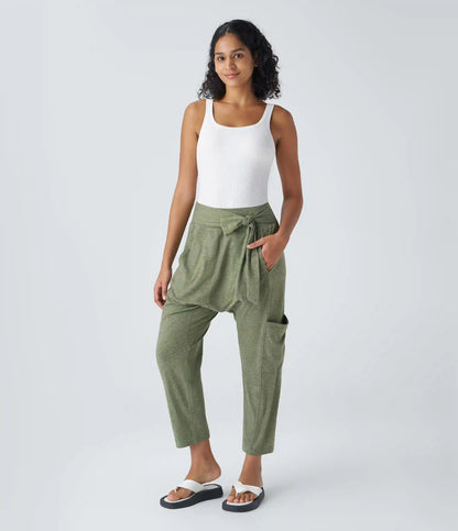 Mid Rise Tie Pockets Casual Harem Pants