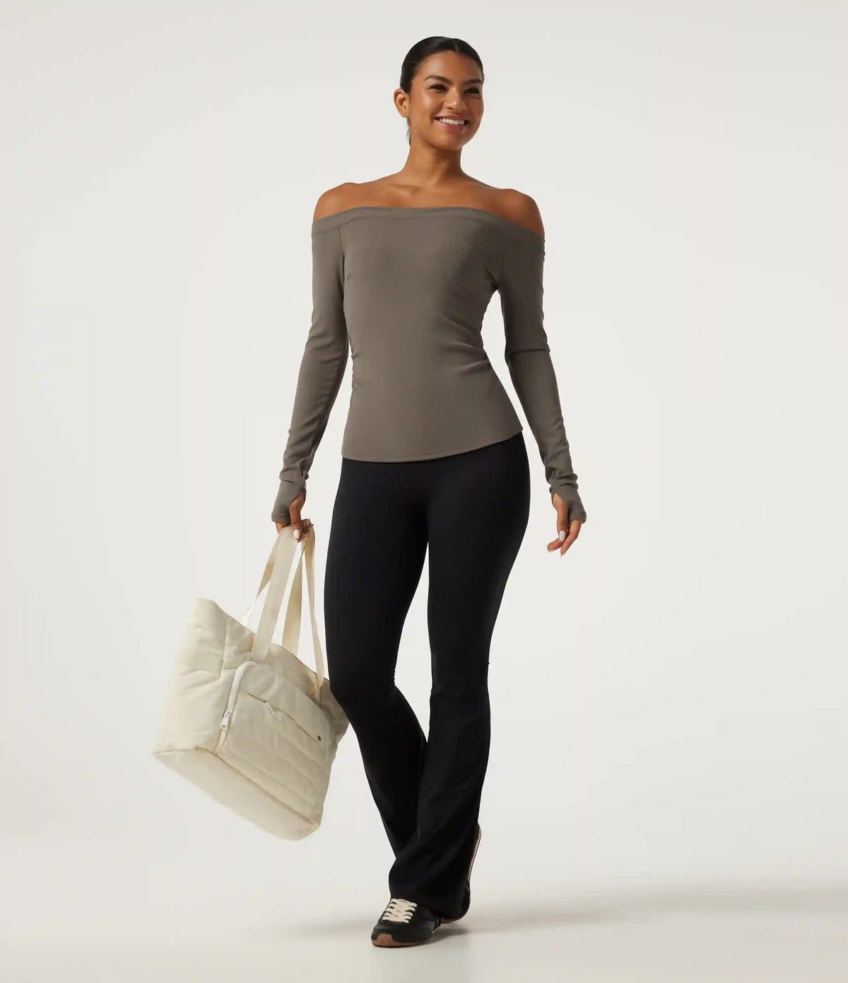 Ribbed Knit Off Shoulder Long Sleeve Thumb Hole Built-in Bra Yoga Sports Top