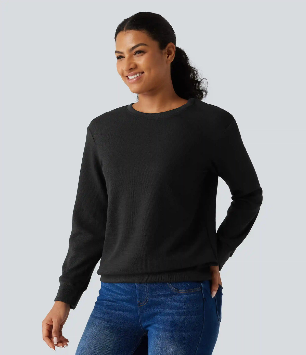 Round Neck Long Sleeve Waffle Casual Tops