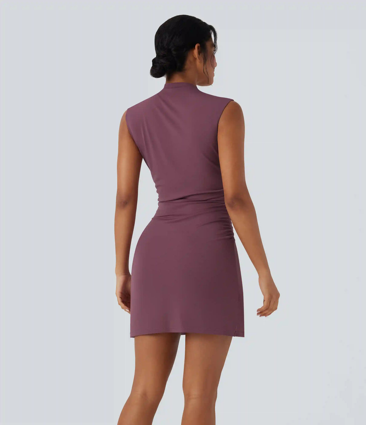 Mock-neck Sleeveless Ruched Crossover Hem Bodycon Mini Dress