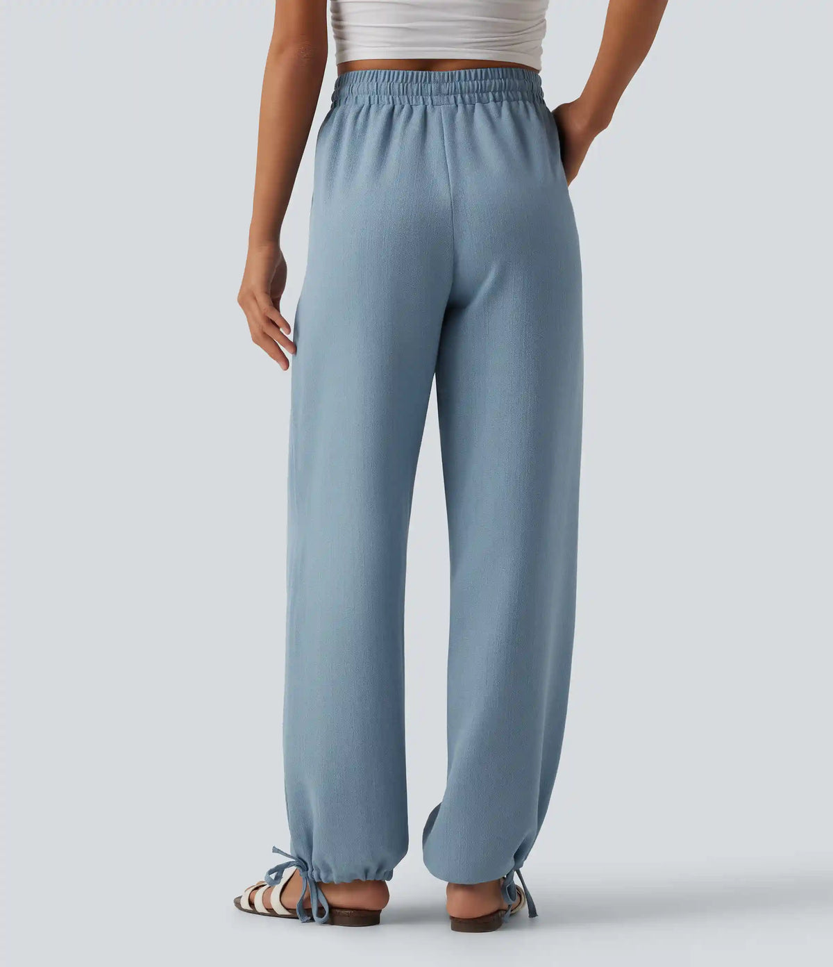 High Waisted Drawstring Wide Leg Casual Linen-Feel Joggers with Pockets