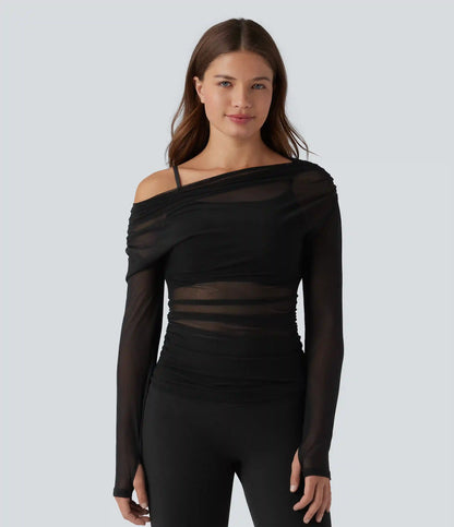 One-shoulder Long Sleeve Thumb Holes Ruched Mesh 2-in-1 Yoga Sports Top