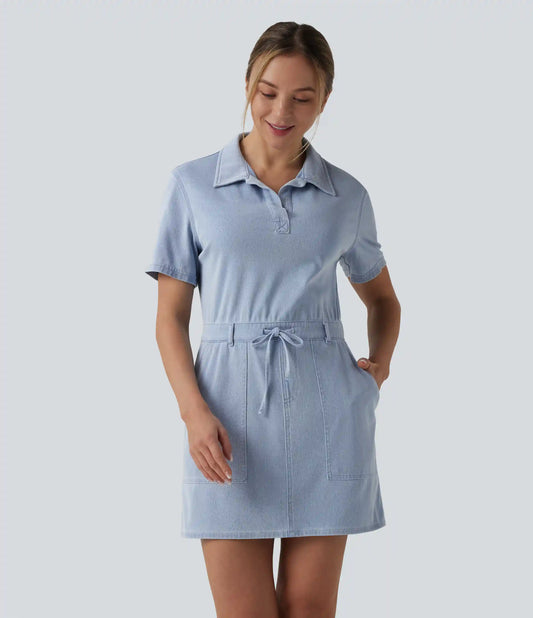 Halara Flex™ Short Sleeve Drawstring Denim Mini Casual Dress with Pockets