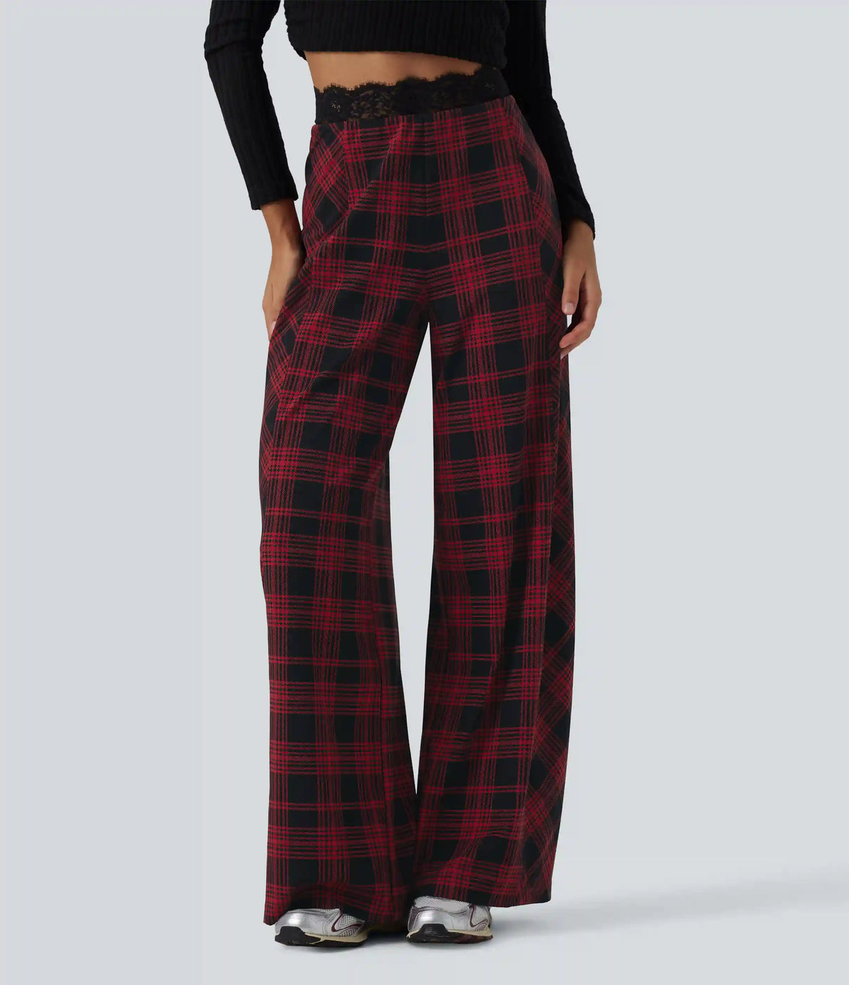 Halara UltraSculpt™ High Waisted Plaid Contrast Lace Baggy Casual Pants with Pockets