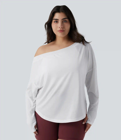 One Shoulder Long Sleeve Thumb Hole Curved Hem High Low Quick Dry Yoga Plus Size Sports Top-Built-in Bra
