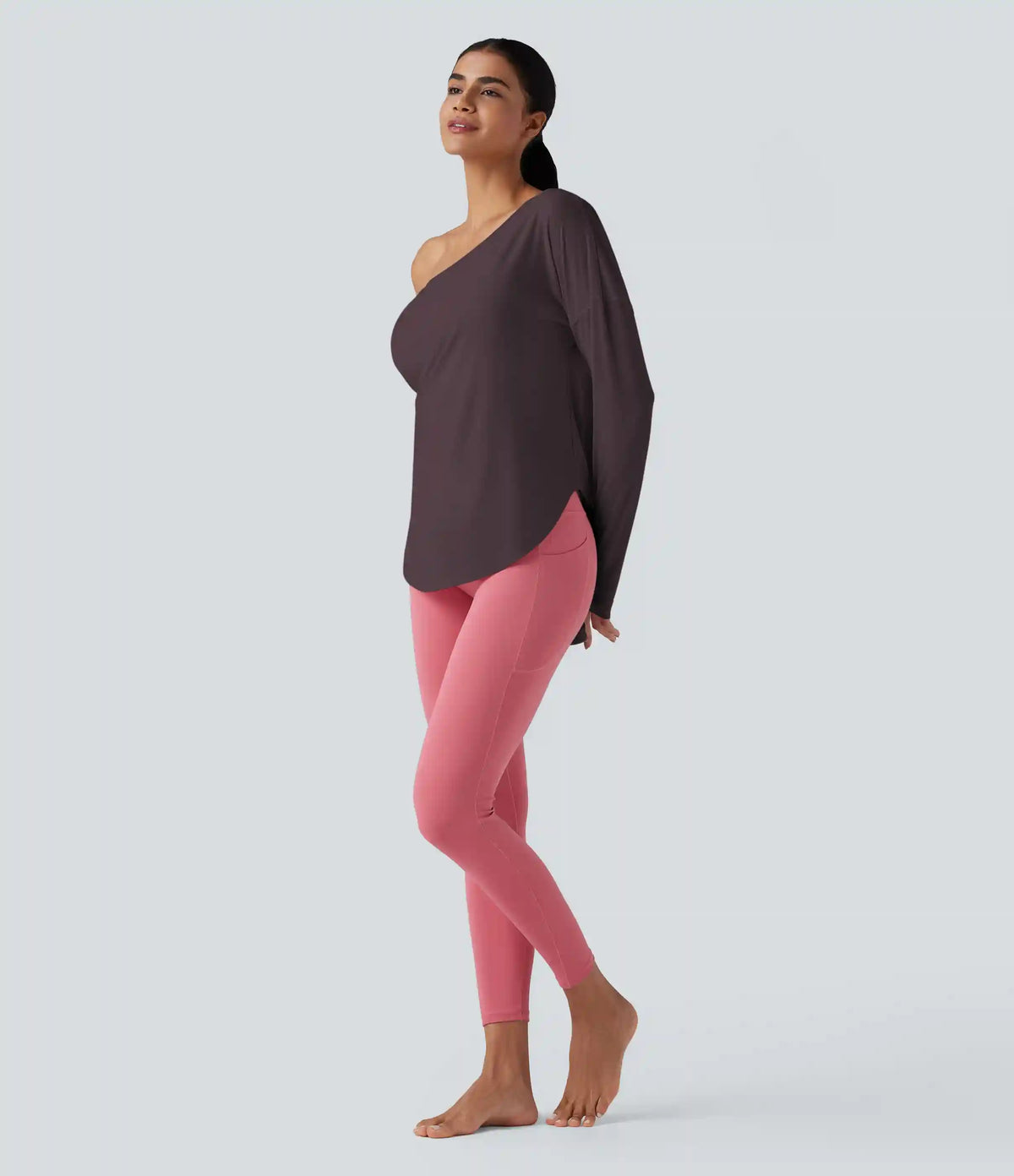 One Shoulder Long Sleeve Thumb Hole Curved Hem High Low Quick Dry Yoga Sports Top-Built-in Bra