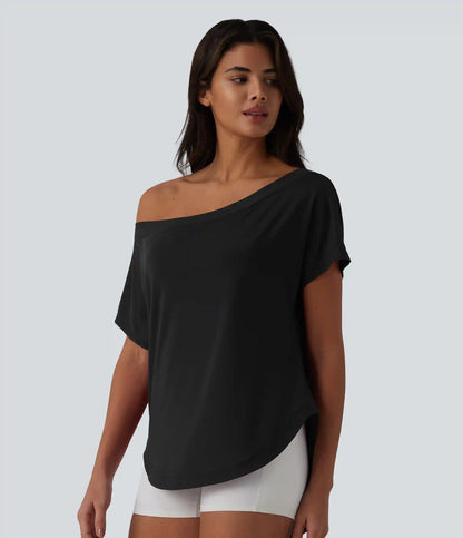 One Shoulder Short Sleeve Curved Hem High Low Quick Dry Yoga Sports Top-Built-in Bra