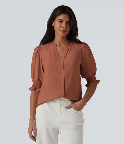 V Neck Puff Short Sleeve Casual Blouse