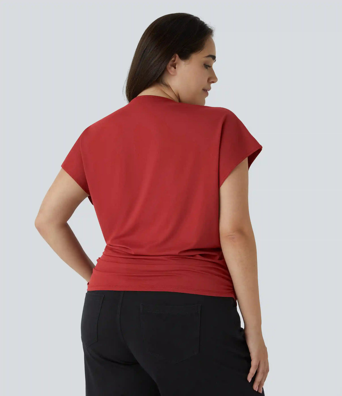 V Neck Cap Sleeve Crossover Ruched Solid Work Plus Size Blouse