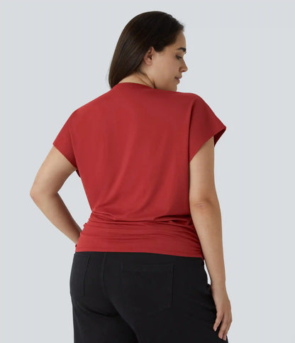 V Neck Cap Sleeve Crossover Ruched Solid Work Plus Size Blouse