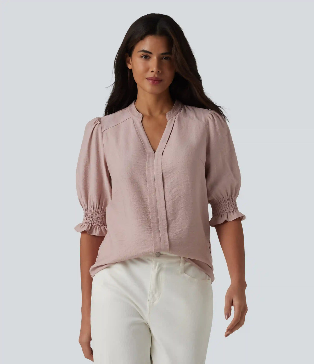 V Neck Puff Short Sleeve Casual Blouse
