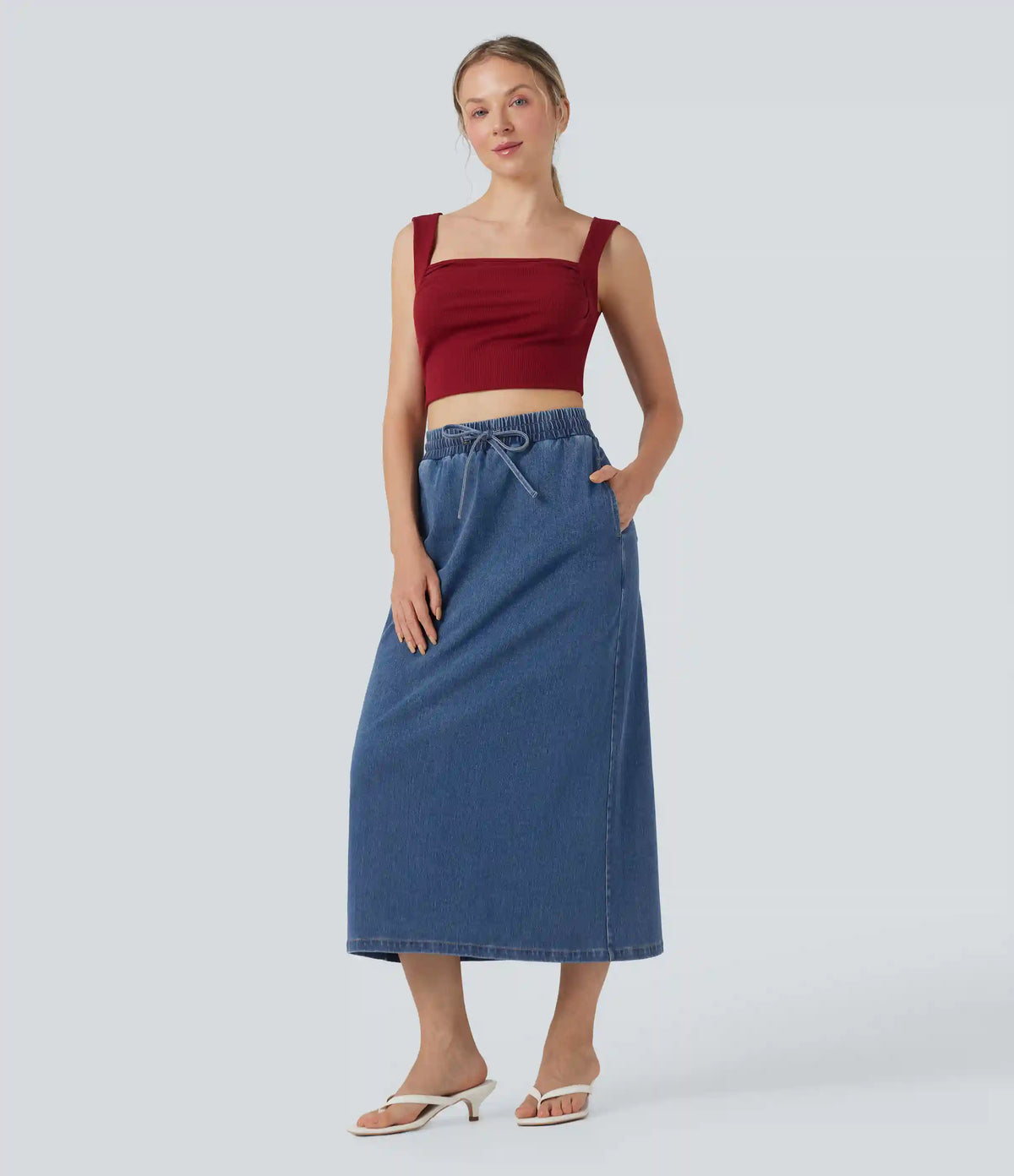 Halara Flex™ High Waisted Drawstring Split Midi Denim Casual Skirt with Pockets