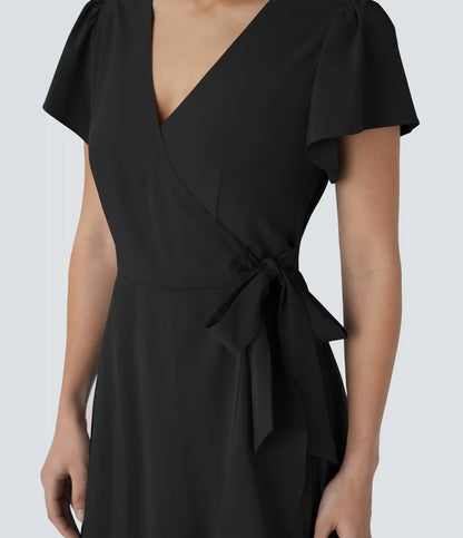 Breezeful™ V Neck Short Sleeve Wrapped Tie Pocket Ruffle Flowy Quick Dry Midi Casual Dress