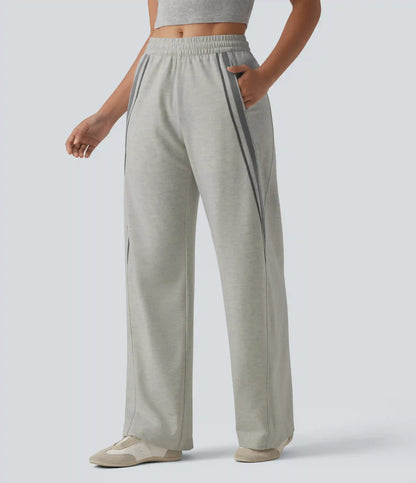 Mid Rise Inner Drawstring Wide Leg Color Block Casual Sweatpants with Pockets