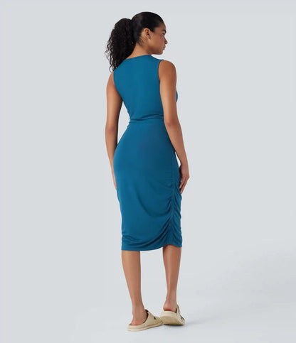 Round Neck Sleeveless Ruched Casual Bodycon Dress