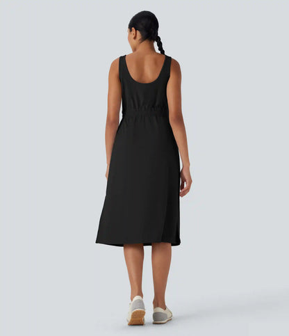 U Neck Zipper Split Knee Length Hiking Active Dress