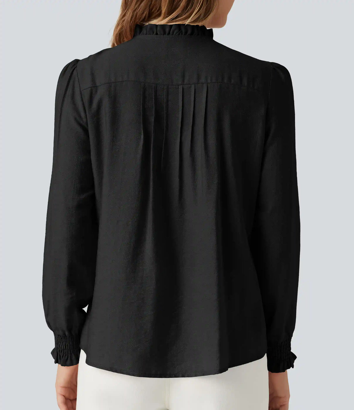 Ruffled Mock Neck Pleated Puff Long Sleeve Work Blouse