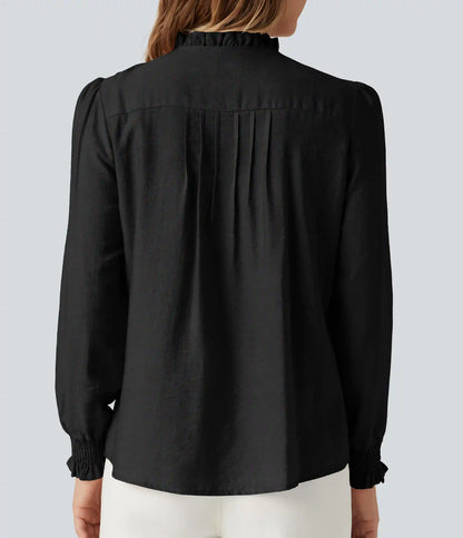 Ruffled Mock Neck Pleated Puff Long Sleeve Work Blouse