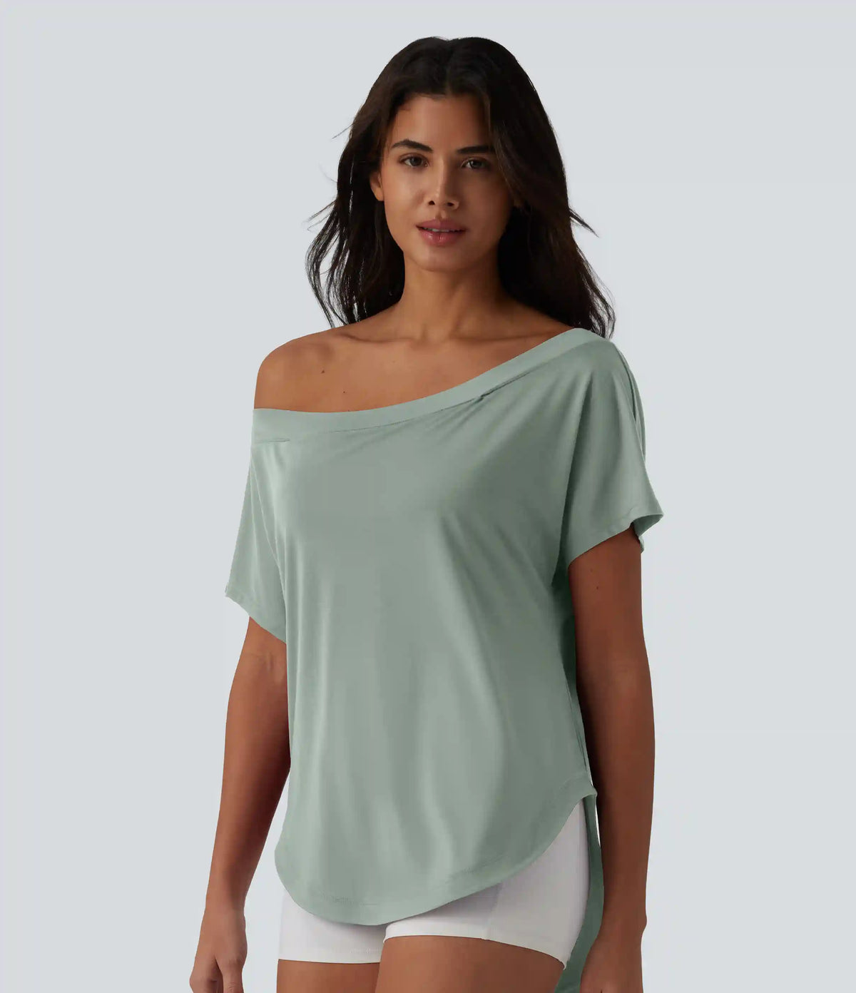One Shoulder Short Sleeve Curved Hem High Low Quick Dry Yoga Sports Top-Built-in Bra