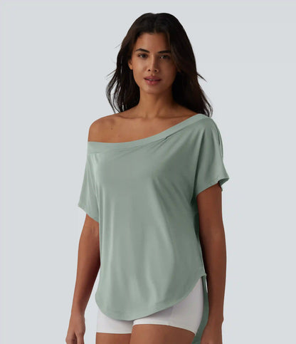 One Shoulder Short Sleeve Curved Hem High Low Quick Dry Yoga Sports Top-Built-in Bra