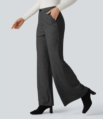 High Waisted Wide Leg Herringbone Work Pants with Pockets