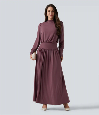 Mock Neck Long Sleeve Ruched Party Maxi Dress with Pockets