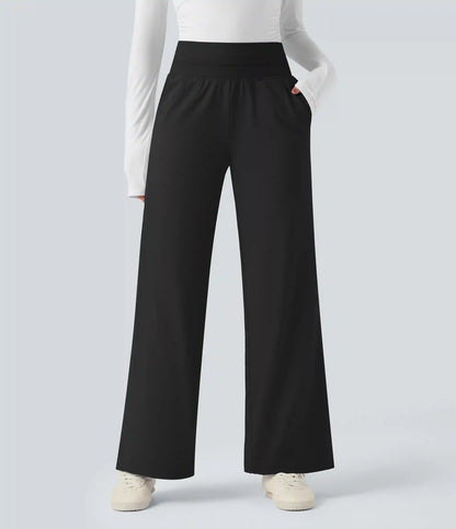 High Waisted Straight Leg Fleece Casual Pants with Pockets