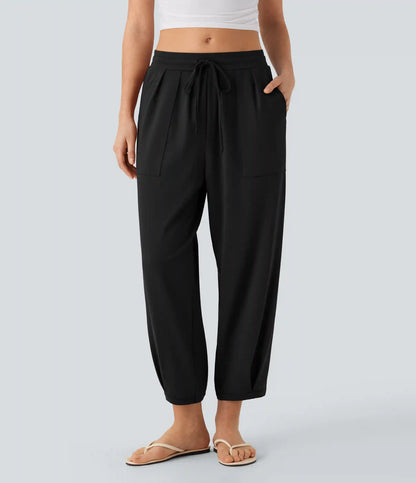 Mid Rise Drawstring Casual Tapered Pants with Pockets