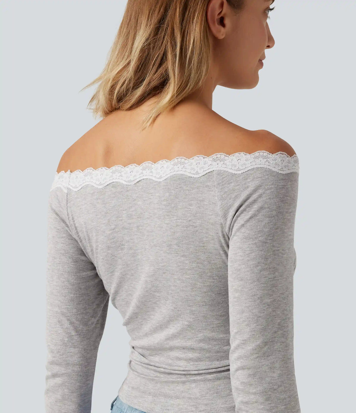 Ribbed Off Shoulder Long Sleeve Ruched Contrast Lace Casual Top