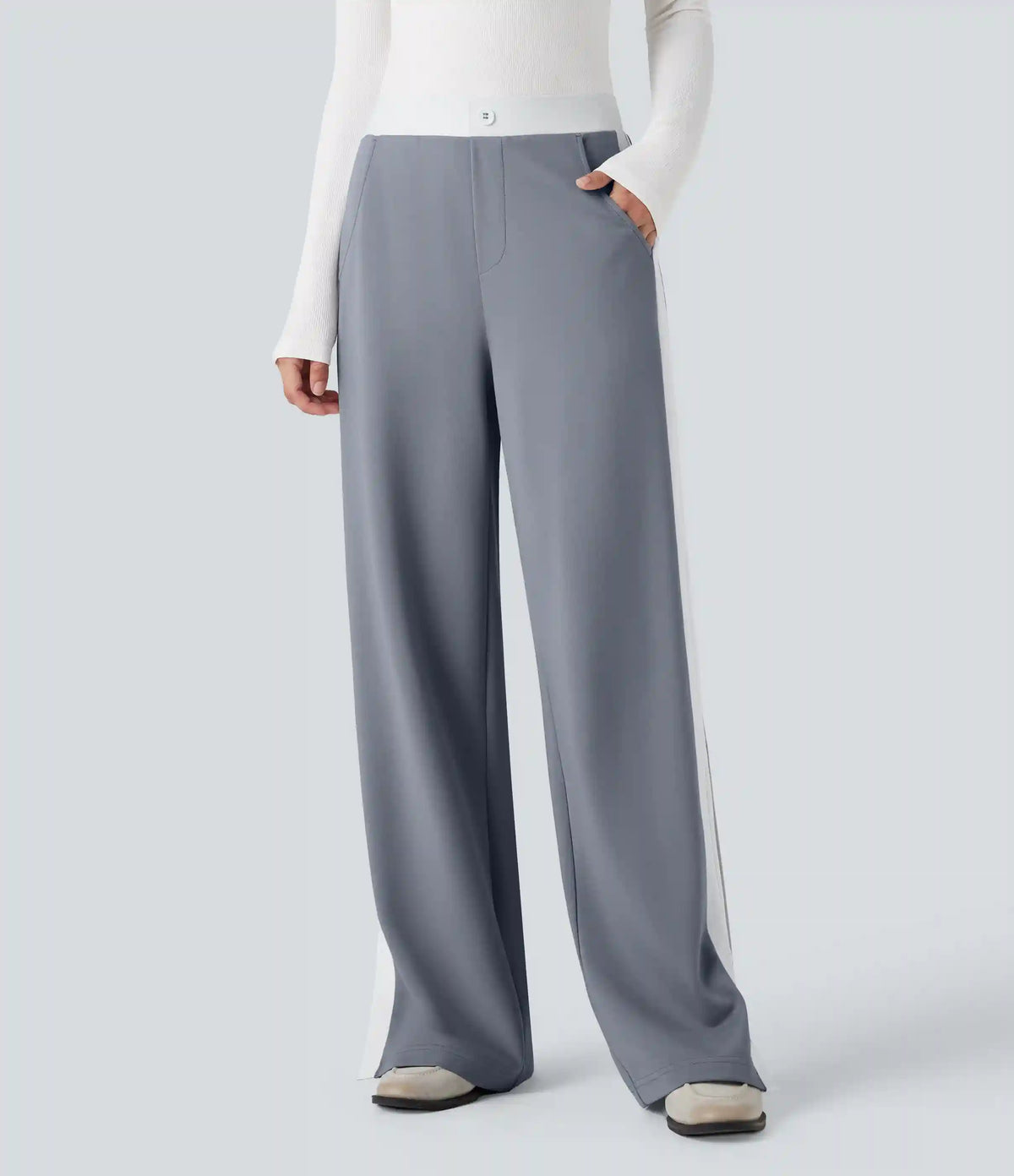 Mid Rise Color Block Split Work Straight Leg Pants with Pockets