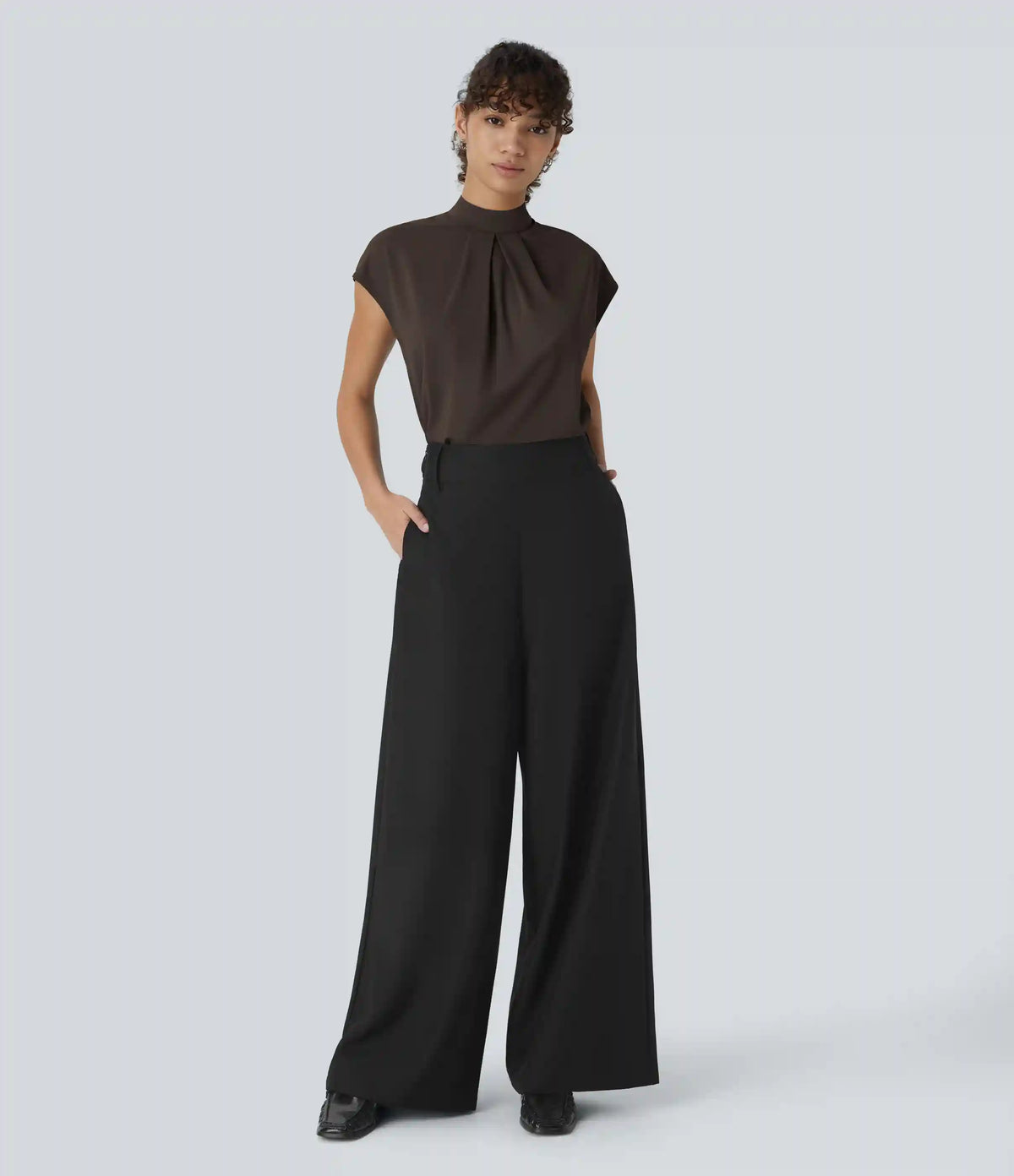 Stand Collar Back Cap Sleeve Work Blouse