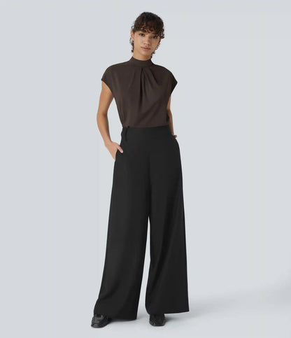 Stand Collar Back Cap Sleeve Work Blouse