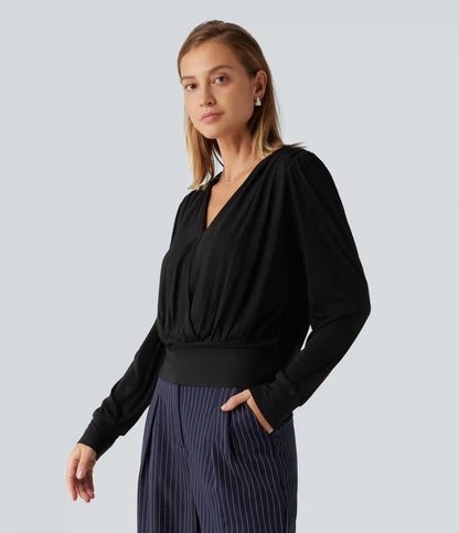 V Neck Long Sleeve Ruched Casual Top
