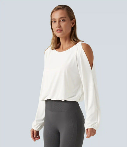 Quick Dry Boat Neck Cold Shoulder Long Sleeve Yoga Sports Top