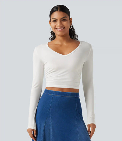 V Neck Long Sleeve Cropped Casual T-Shirt