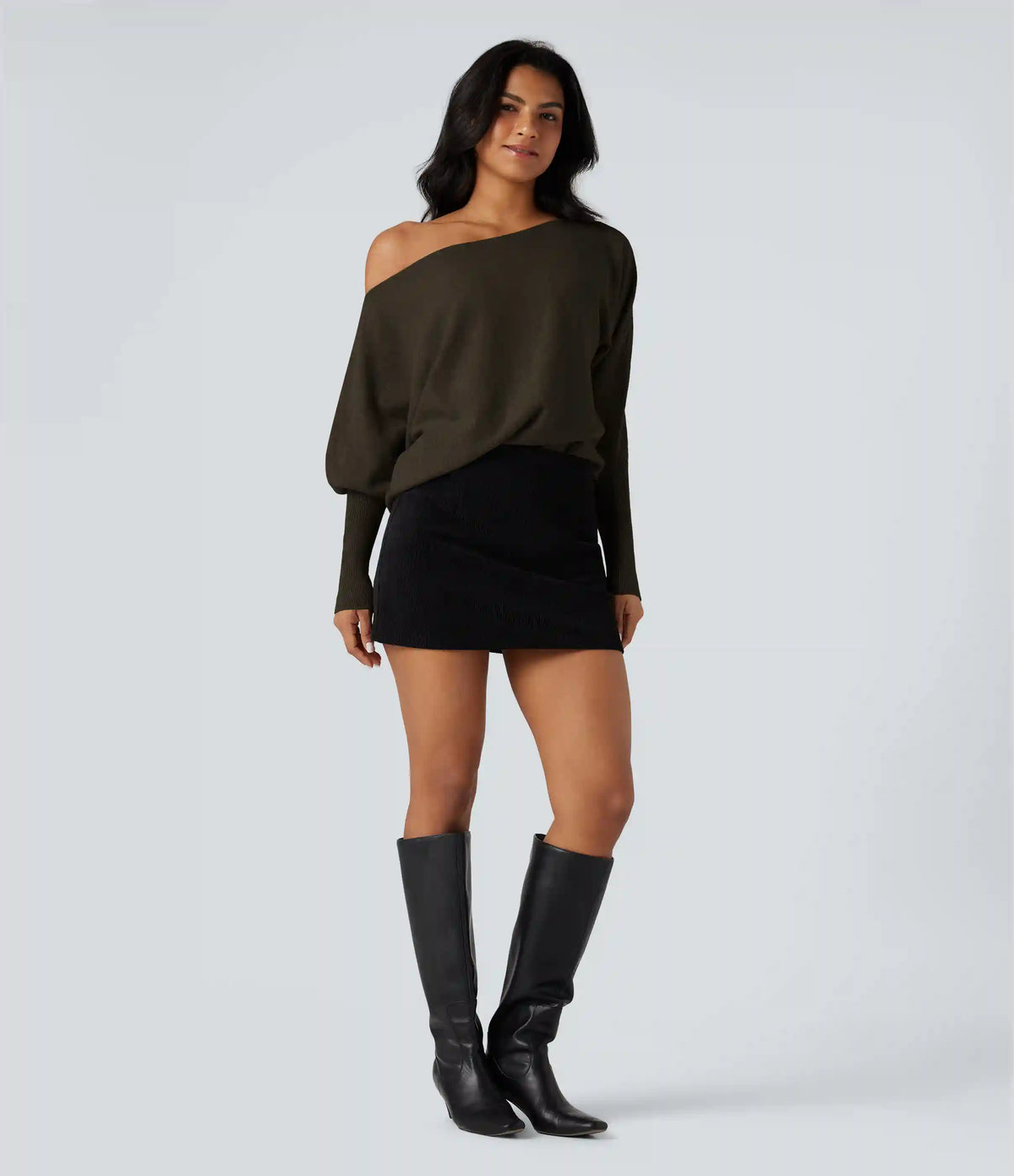 One-shoulder Batwing Sleeve Curved Hem Work Sweater