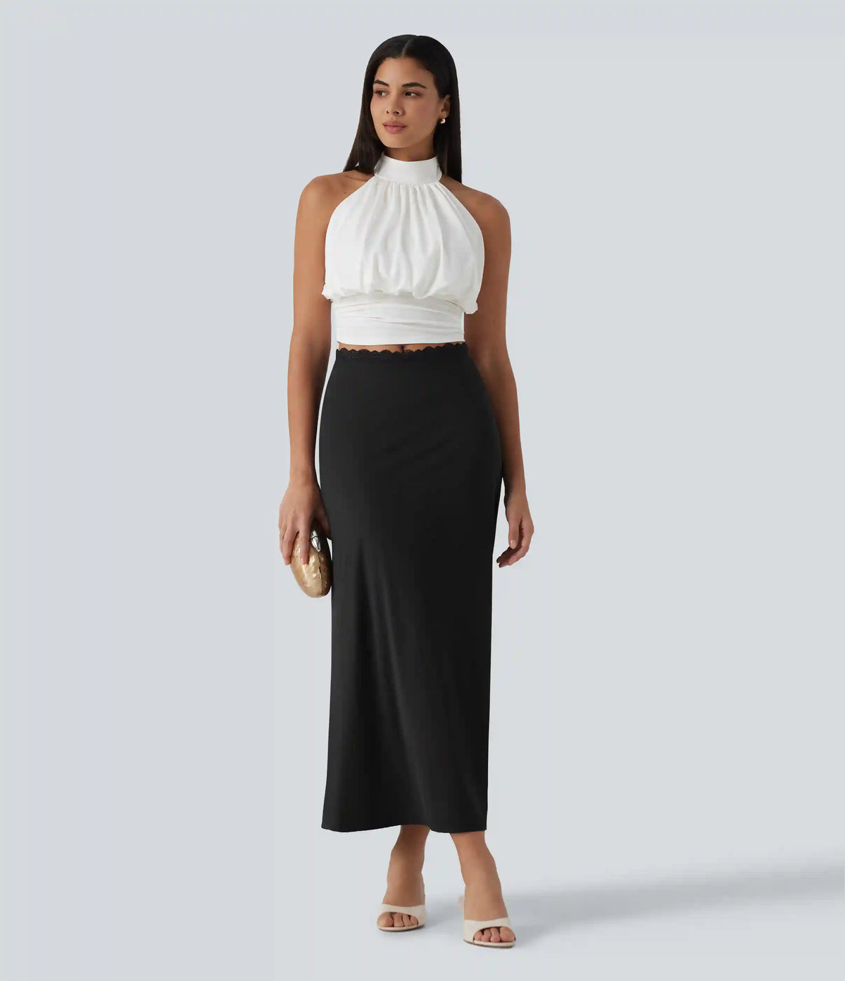 Mid Rise Contrast Lace Stretchy Satin-Like InstantCool Maxi Party Pencil Skirt