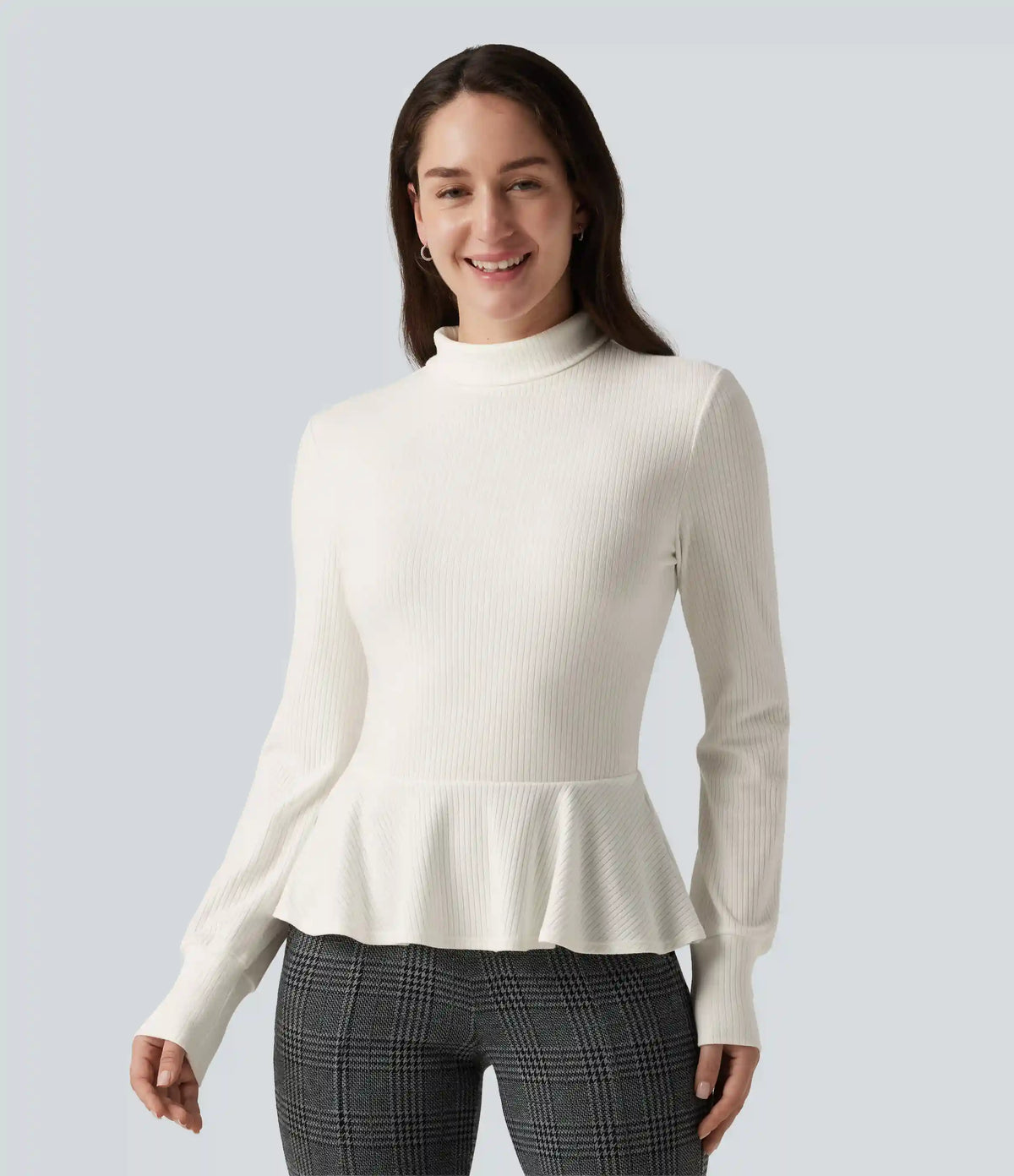 Ribbed Knit Mock Neck Long Sleeve Slim Ruffle Hem Casual Top