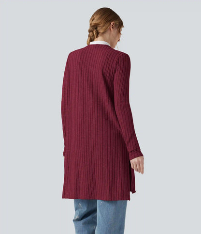 Ribbed Knit Long Sleeve Split Casual Cardigan