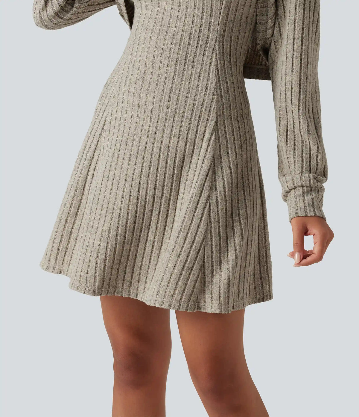 Ribbed Knit Hooded Long Sleeve 2-Piece Mini Casual Dress