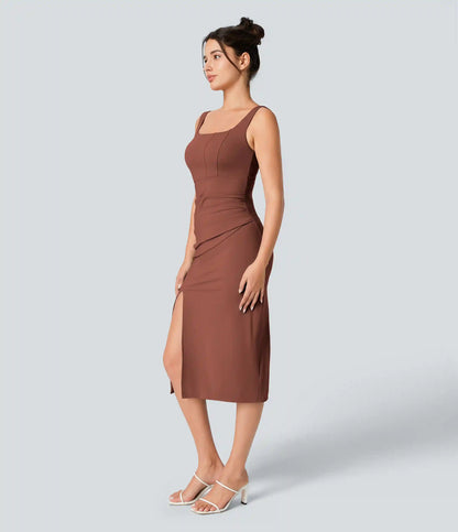 SoftlyZero™ Airy Square Neck Backless Corset Ruched Split Bodycon Midi InstantCool Bridesmaid and Wedding Guest Dress