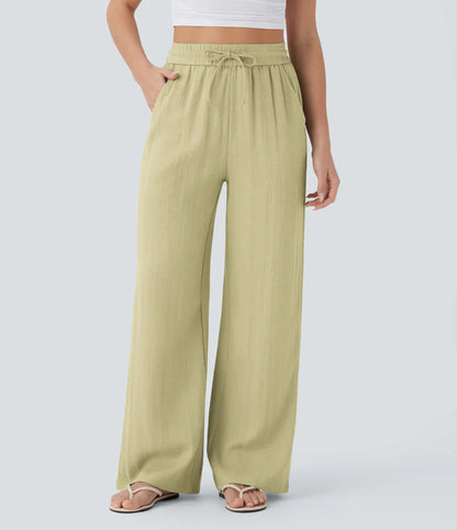 High Waisted Drawstring Pocket Wide Leg Baggy Casual Linen-Feel Pants