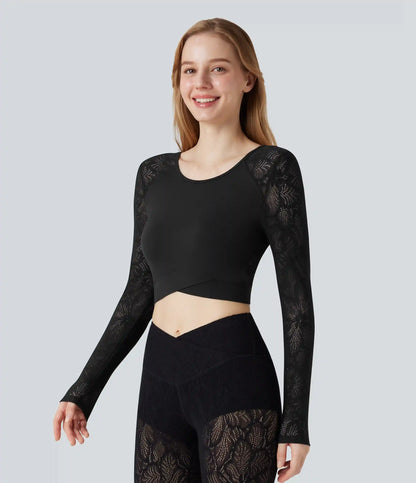 SoftlyZero™ Contrast Lace Crossover Hem Long Sleeve Cropped Yoga Sports Top